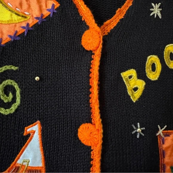 Vintage Halloween Sweater Vest Cat Pumpkin Ghost Applique Black Button Front L - Picture 6 of 14